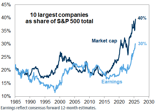 S&P 500 Top 10 Stocks Account for 40% of the Index’s Weight, 30% of Earnings